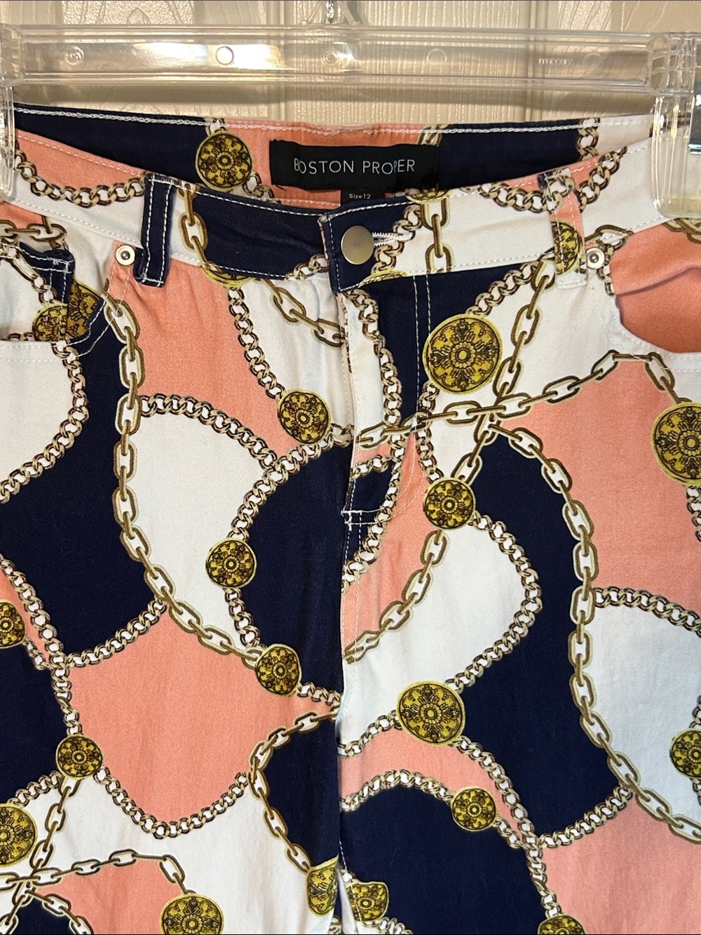 Boston Proper Navy, Pink & White Chain-Print Straight Leg Pants